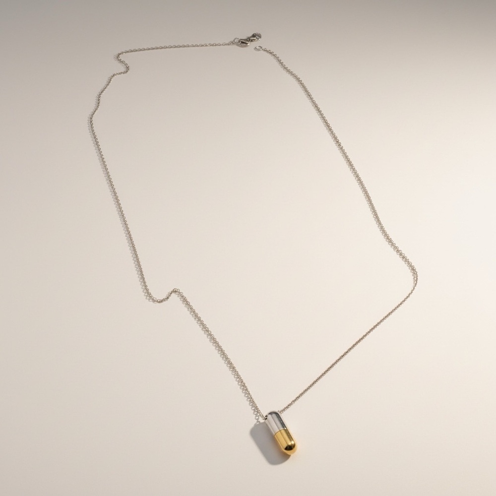 Two-Tone Capsule Pendant Necklace Real Gold & Silver Minimal Pill Charm Necklace - Picture 2 of 3
